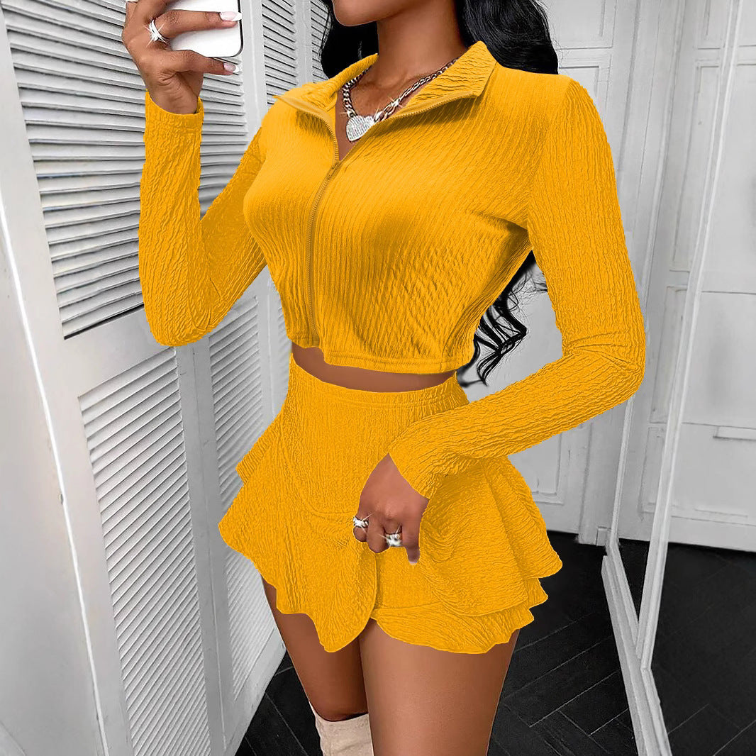 Zipper Short Top Ruffled Pantskirt Skirt Suit