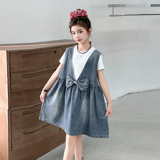 Kids Fashion Reversible Clothes Loose Fit Sleeveless Denim Vest Dress with Bow for Teens Girl Street Outfit Child Jeans Dress