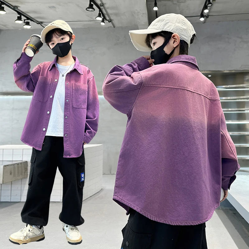 New Design Kids Long Sleeve Purple Colored Denim Shirt for Boy Casual Denim Shirt Outfit Child Fashion Spring Autumn Clothing