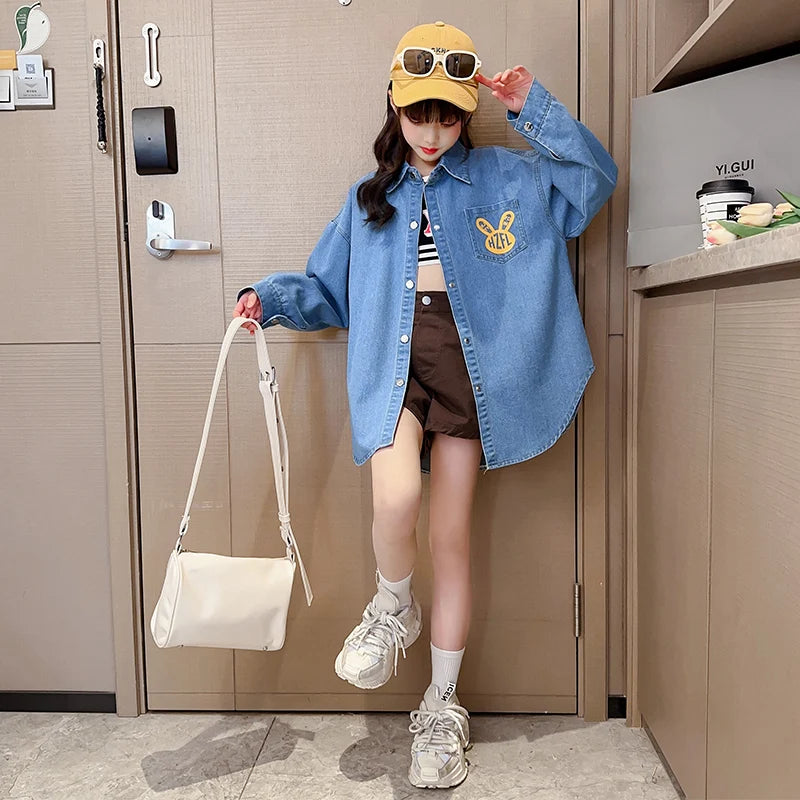 High Fashion Cowgirl Denim Blouses with Rabbit Print for Teenage Girl Loose Casual Long Sleeve Denim Shirt Blouse for Kids Child