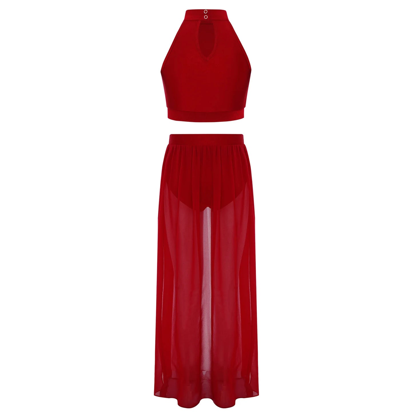 Kids Girls Ballet Dance Sets Lyrical Latin Jazz Dancewear Ruched Front Keyhole Back Crop Top with Split Flowy Chiffon Skirt Suit