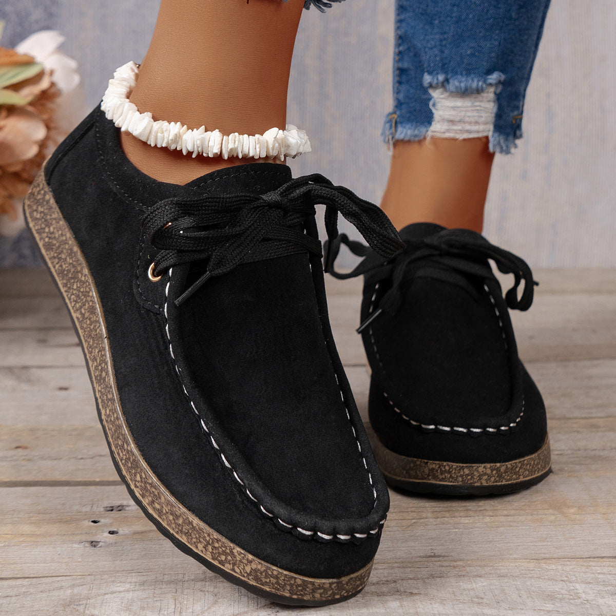 Solid Color Front Lace-up Round Toe Women's Leisure Thin Shoes