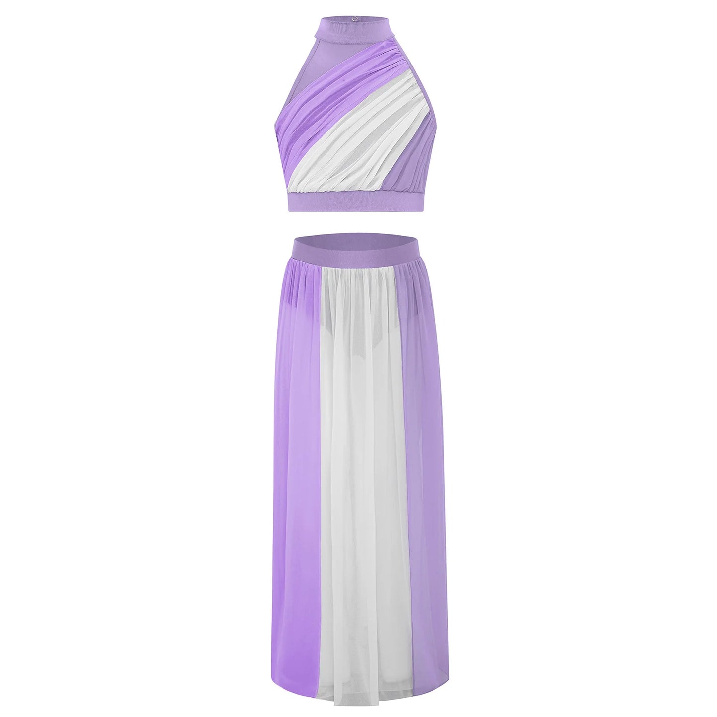 Kids Girls Ballet Dance Sets Lyrical Latin Jazz Dancewear Ruched Front Keyhole Back Crop Top with Split Flowy Chiffon Skirt Suit