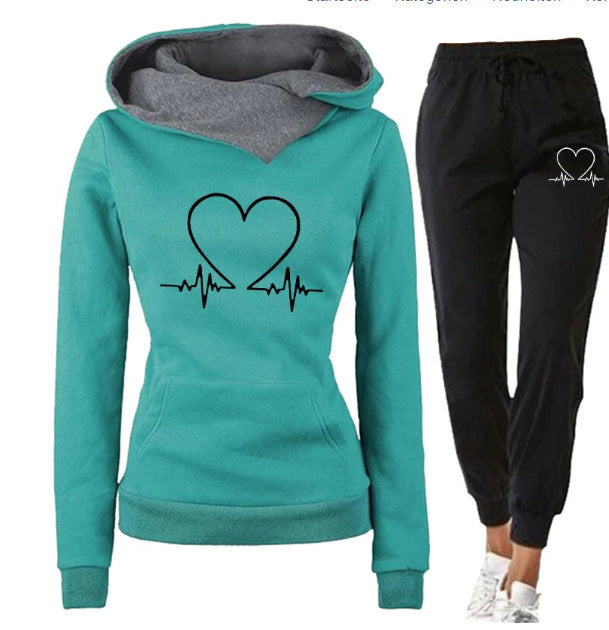 Love Heart Printed Sports Suit Hooded Sweatshirt Top And Drawstring Pants Fashion Casual Clothing For Women