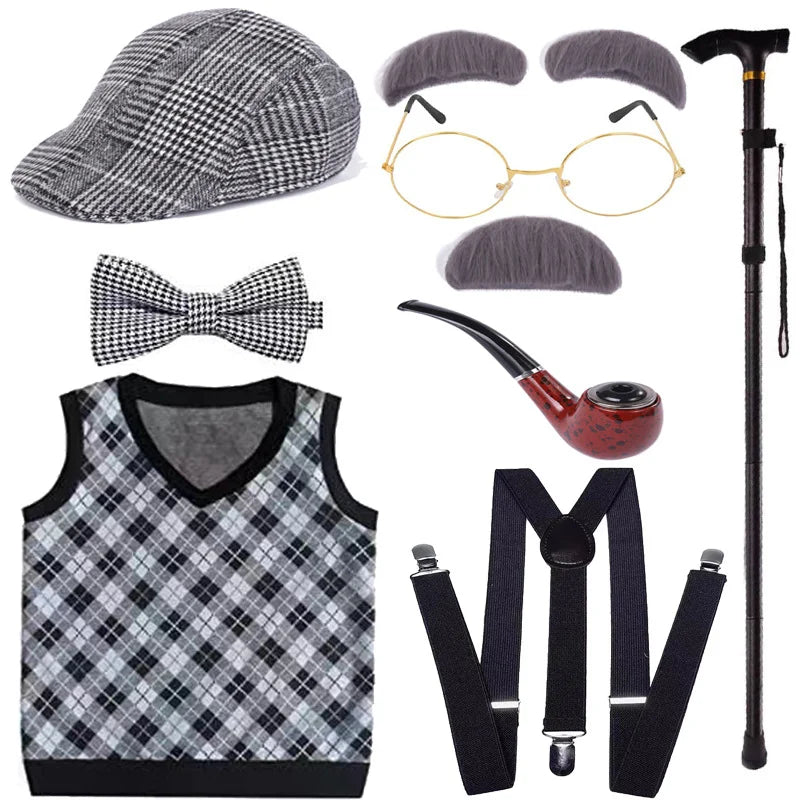 Boys 100 Days of School Grandpa Costume Set For 3-12yr Boys Old Man Costume Vest Hat Accessories Halloween Dress up Fancy Outfit