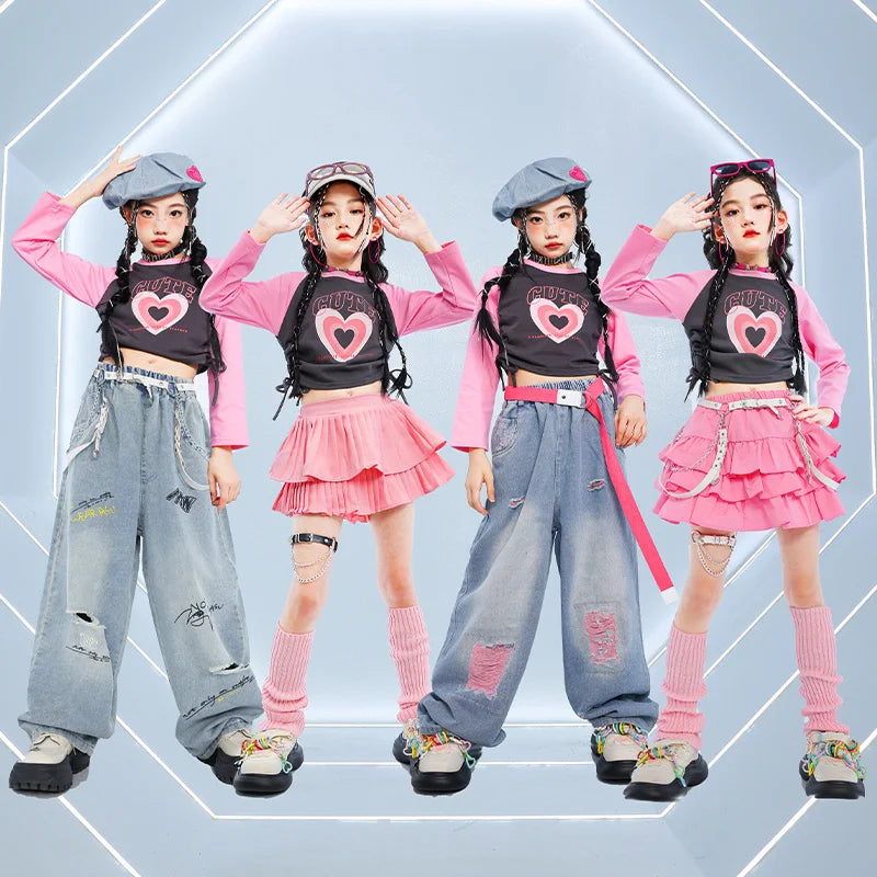 Child Hiphop Style Rapper Clothes Set Kids Hip Hop Long Sleeve T-shirt + Jeans Streetwear Accessory Boy Girl Dance Costume Suit