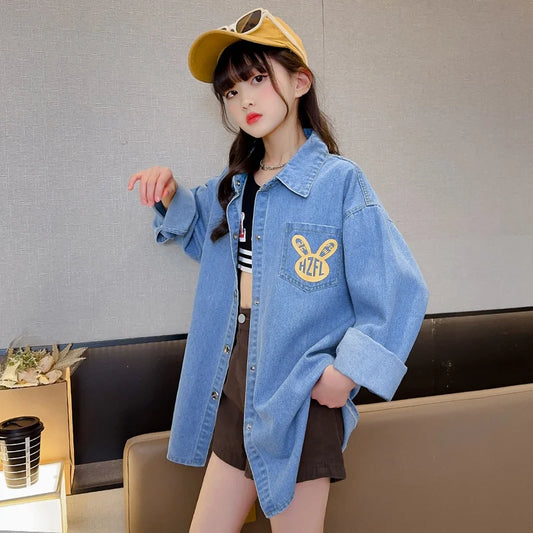 High Fashion Cowgirl Denim Blouses with Rabbit Print for Teenage Girl Loose Casual Long Sleeve Denim Shirt Blouse for Kids Child