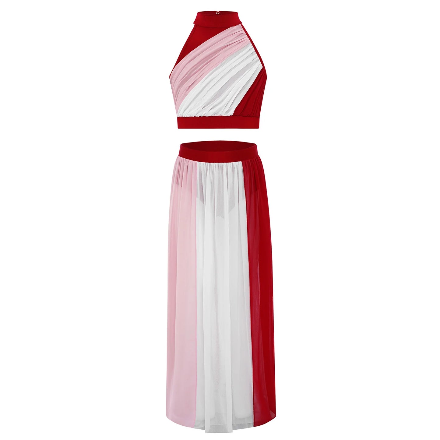 Kids Girls Ballet Dance Sets Lyrical Latin Jazz Dancewear Ruched Front Keyhole Back Crop Top with Split Flowy Chiffon Skirt Suit