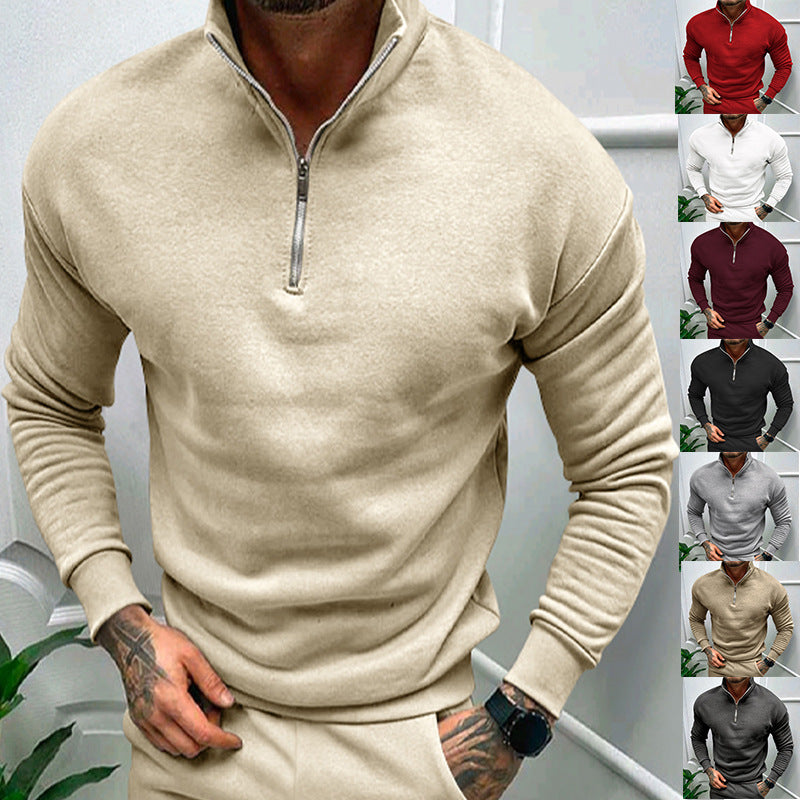 Solid Color Zipper Sweatshirt Men's Autumn And Winter Fleece-lined Long Sleeve Tops