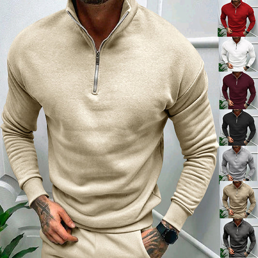 Solid Color Zipper Sweatshirt Men's Autumn And Winter Fleece-lined Long Sleeve Tops