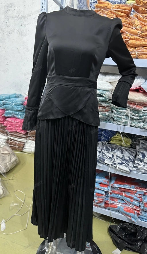 Women's Patchwork Design Round Neck Pleated Dress