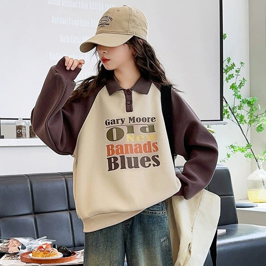 Girls' Spring And Autumn New Fashionable Stylish Letter Printing Lapel Sweater