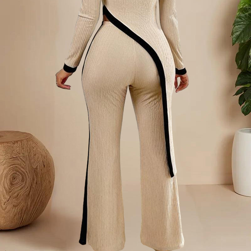 Women's  Elegant Round-neck Two-piece Long-sleeved Pants With Decorative Edges For Spring & Fall