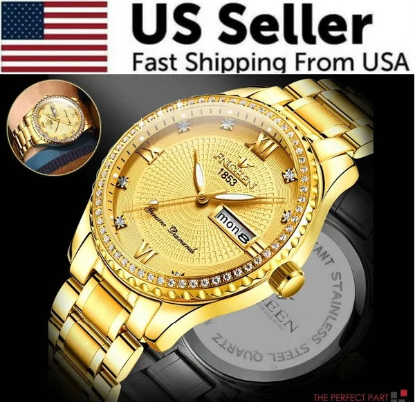 Waterproof Gold Men's Watch Classic Stainless Steel Quartz Analog Business Gift