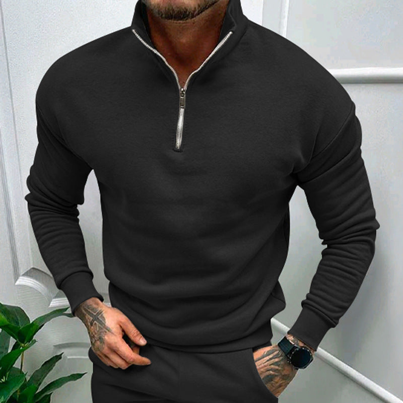 Solid Color Zipper Sweatshirt Men's Autumn And Winter Fleece-lined Long Sleeve Tops