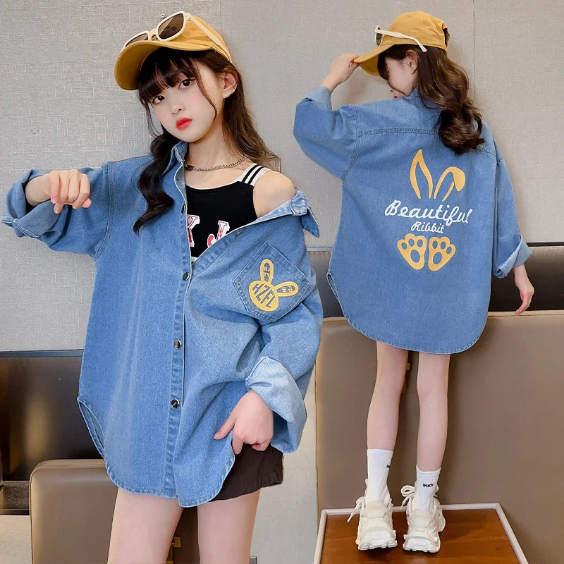 High Fashion Cowgirl Denim Blouses with Rabbit Print for Teenage Girl Loose Casual Long Sleeve Denim Shirt Blouse for Kids Child