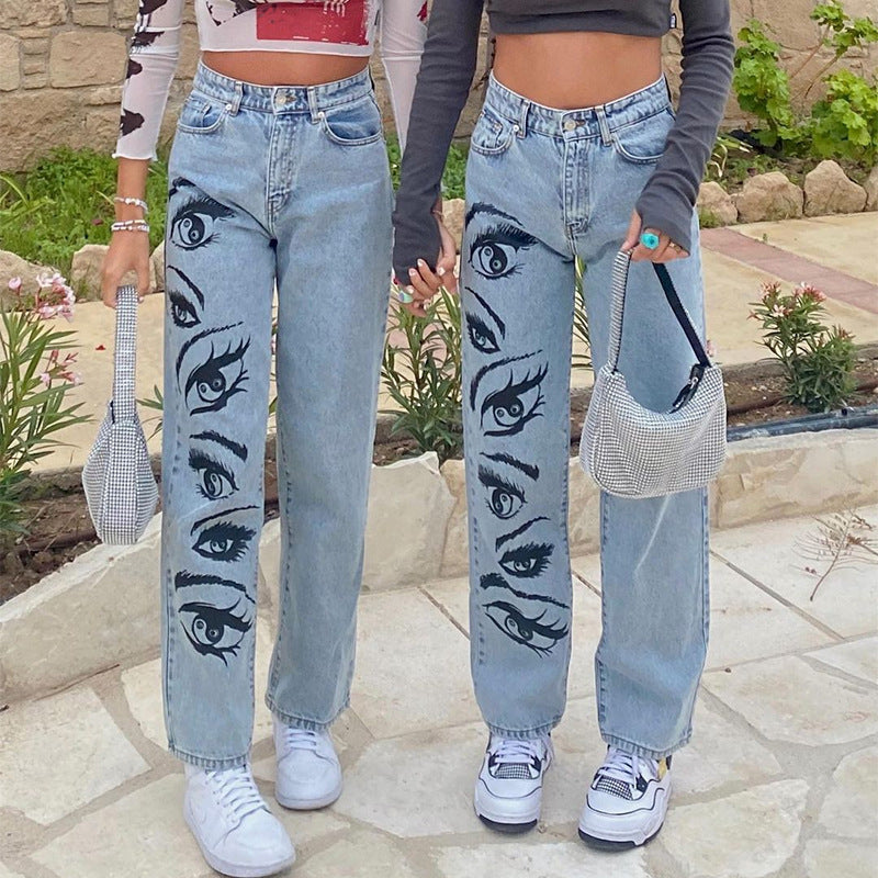 Fashion Personality Eye Print Blue Jeans Women