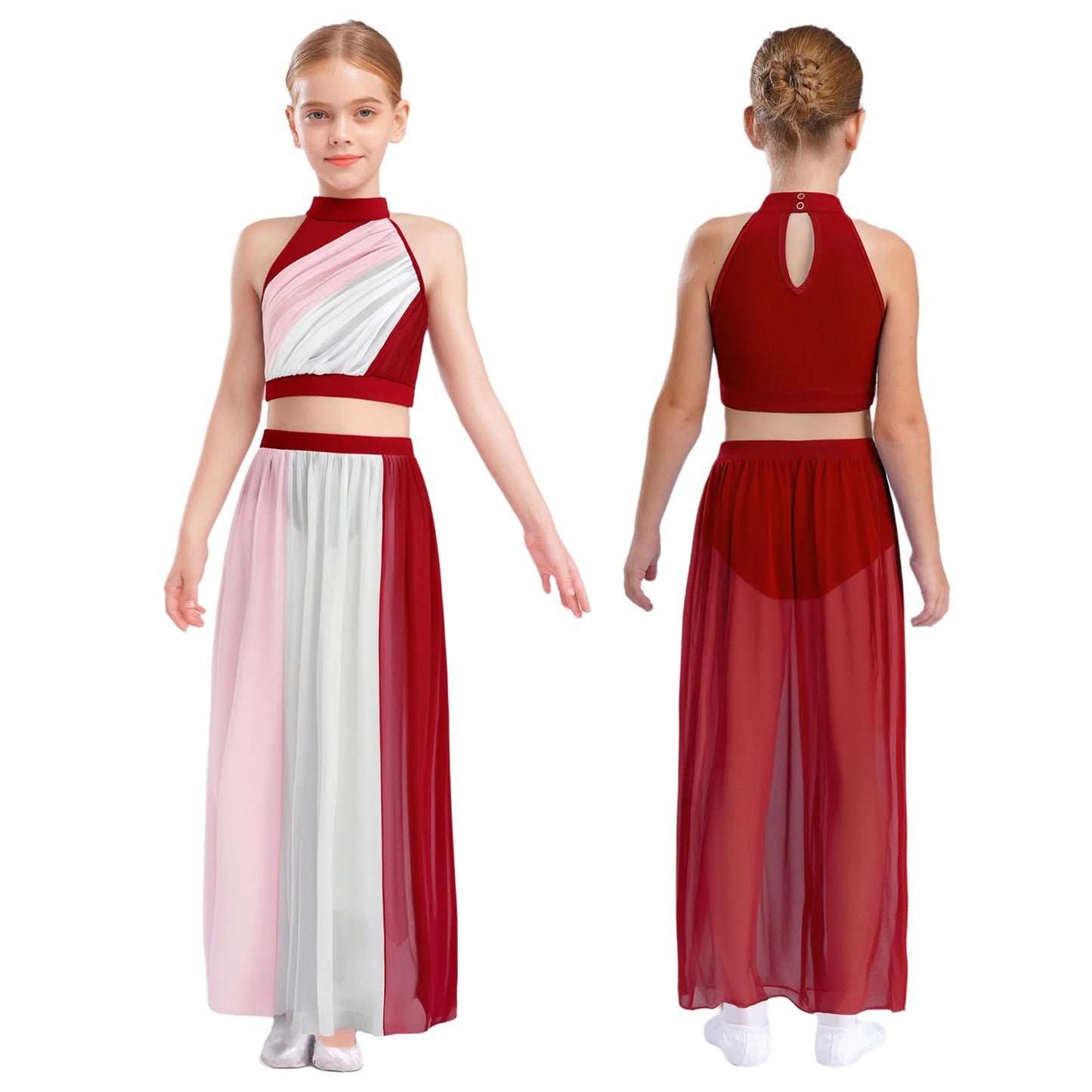 Kids Girls Ballet Dance Sets Lyrical Latin Jazz Dancewear Ruched Front Keyhole Back Crop Top with Split Flowy Chiffon Skirt Suit