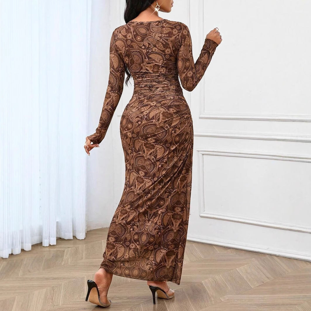 Cashew Pattern Retro Fashion Elegant Graceful Long Sleeve Dress