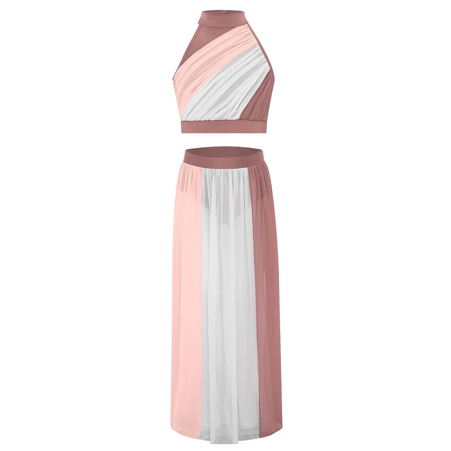 Kids Girls Ballet Dance Sets Lyrical Latin Jazz Dancewear Ruched Front Keyhole Back Crop Top with Split Flowy Chiffon Skirt Suit