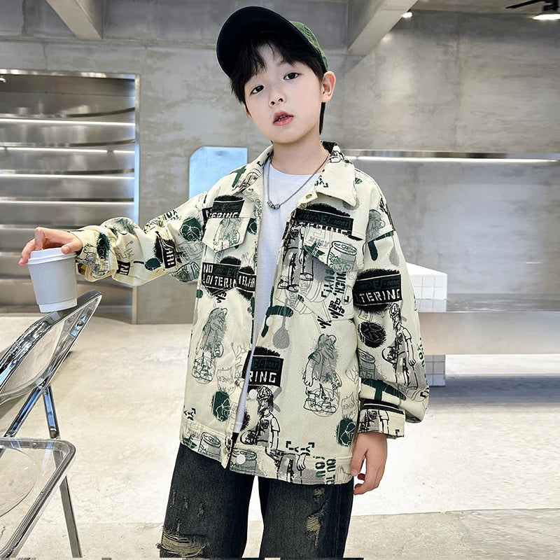 Child Stylish Spring Autumn Beige Denim Jacket Drawings for Teens Boy High Fashion Streetwear Outfit Kids Design Denim Coat 5-14