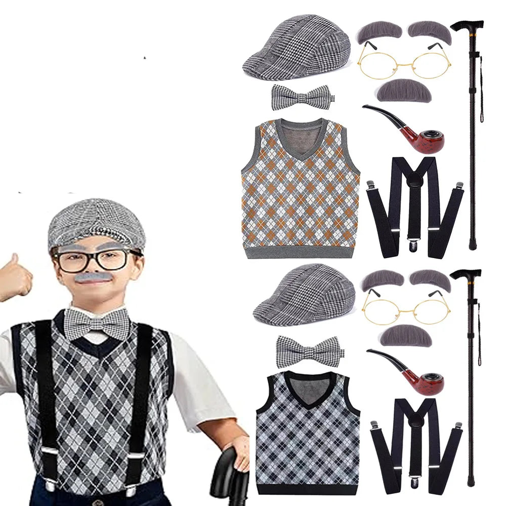 Boys 100 Days of School Grandpa Costume Set For 3-12yr Boys Old Man Costume Vest Hat Accessories Halloween Dress up Fancy Outfit