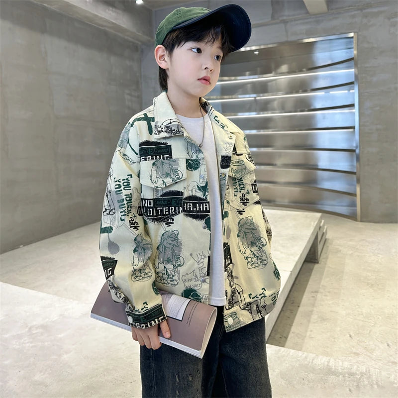 Child Stylish Spring Autumn Beige Denim Jacket Drawings for Teens Boy High Fashion Streetwear Outfit Kids Design Denim Coat 5-14