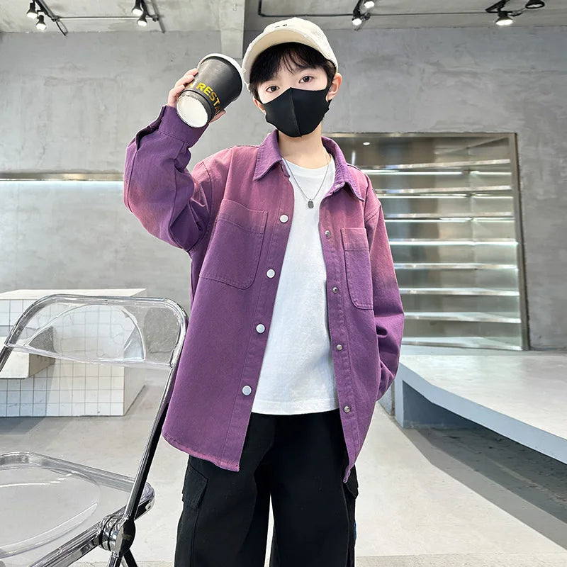 New Design Kids Long Sleeve Purple Colored Denim Shirt for Boy Casual Denim Shirt Outfit Child Fashion Spring Autumn Clothing