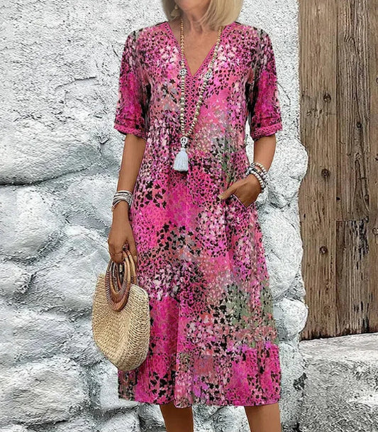 Summer V-neck Half-sleeved Dress With Pockets Fashion Ethnic Print Dresses Beach Holiday Clothing For Women