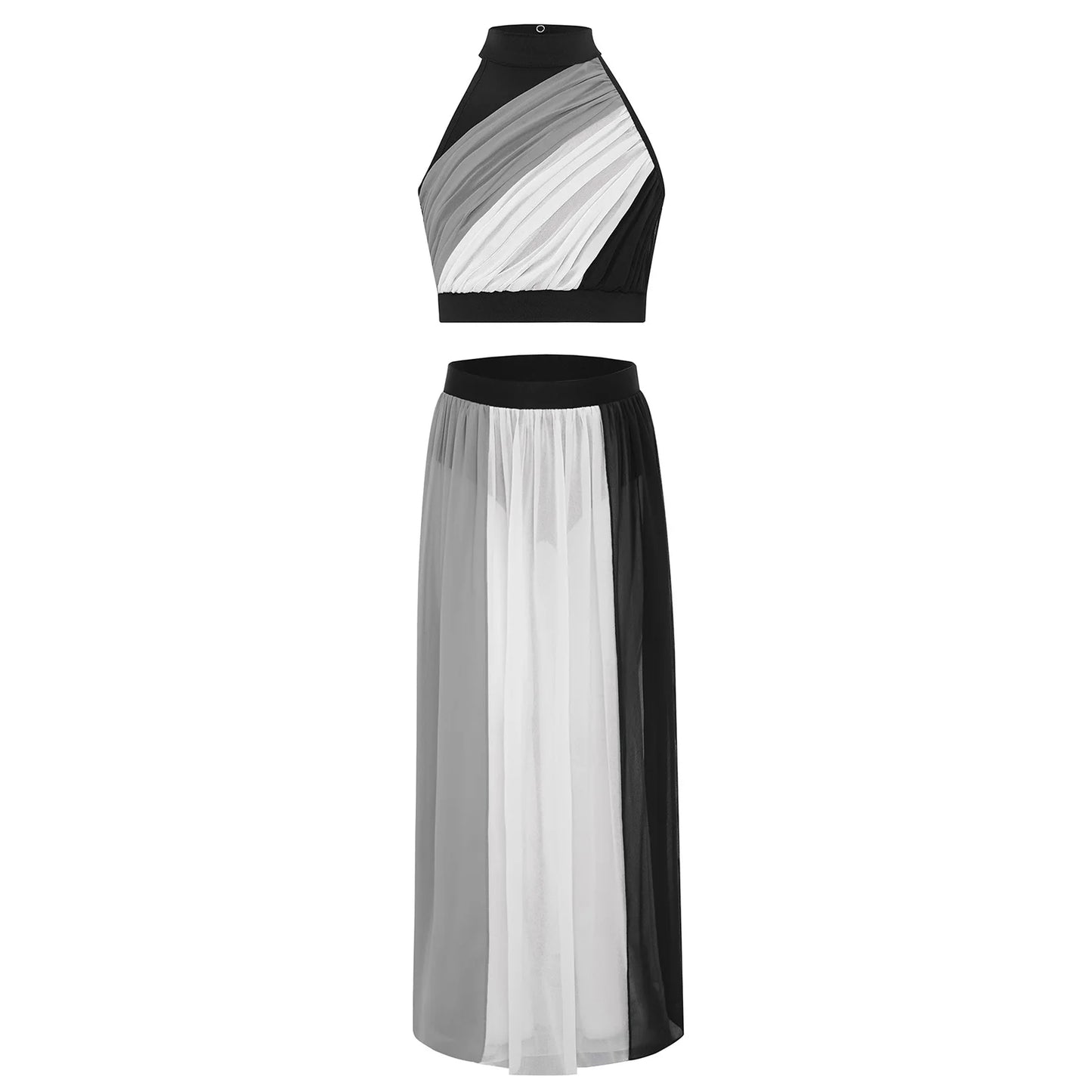 Kids Girls Ballet Dance Sets Lyrical Latin Jazz Dancewear Ruched Front Keyhole Back Crop Top with Split Flowy Chiffon Skirt Suit